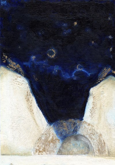 Noite o anjo pegou suas asas 2, 2013, (óleo e folha de ouro no cartão) de Nancy Moniz Charalambous